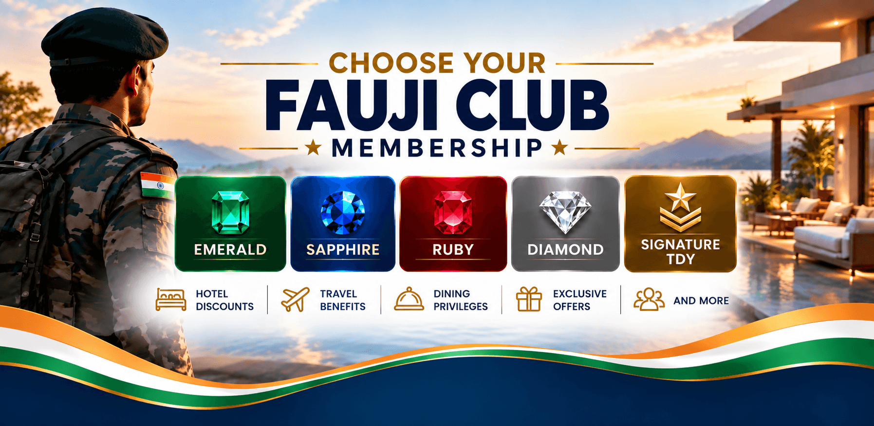 Fauji Club membership: Emerald, Sapphire, Ruby, Diamond and Signature TDY, with hotel, travel and dining benefits.